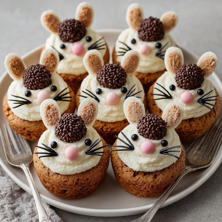 Freshly baked, moist pumpkin spice "Rat Cake" cupcakes, a fun dessert topped with frosting and candy rat features.