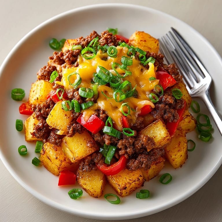 This comforting beef and potato skillet presents a savory, one-pan American dinner.