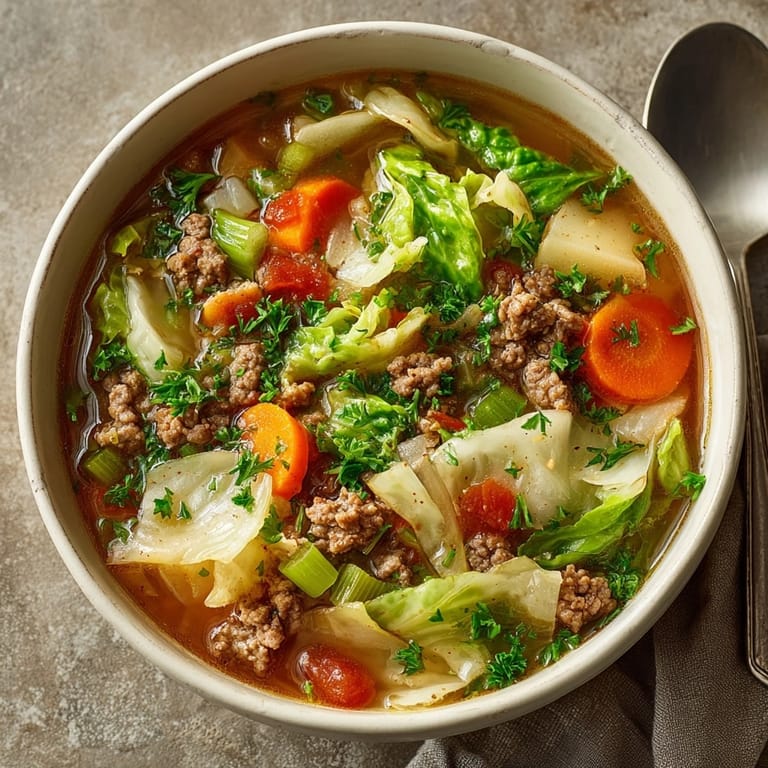 Hearty, simmering Ground Beef and Cabbage Soup, perfect for a cold evening's delicious supper.
