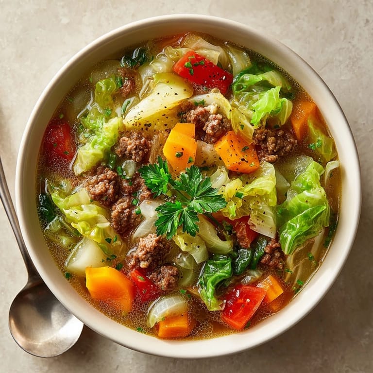 Close-up view of the flavorful Ground Beef and Cabbage Soup, garnished and ready to eat.