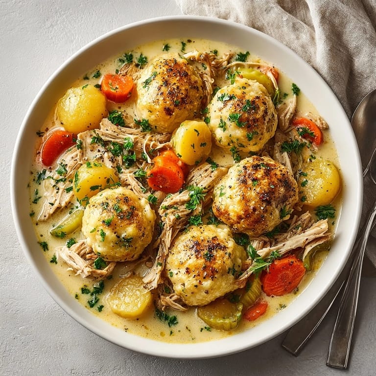 Enjoy a hearty bowl of slow cooker chicken and dumplings, perfect for a chilly evening meal.