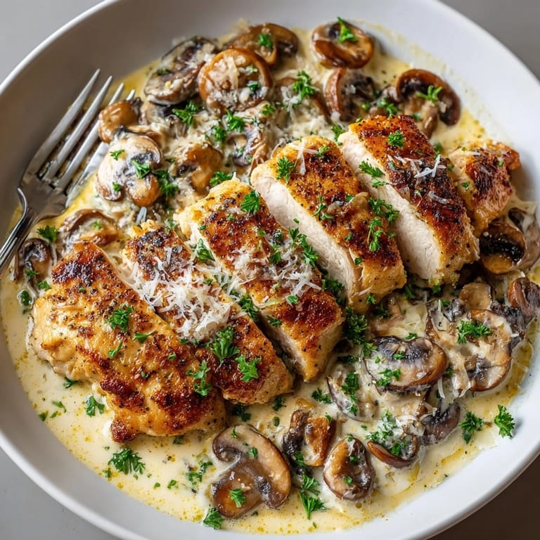 Sizzling Creamy Mushroom Chicken Bake with tender, juicy chicken and an irresistible, thick mushroom sauce.