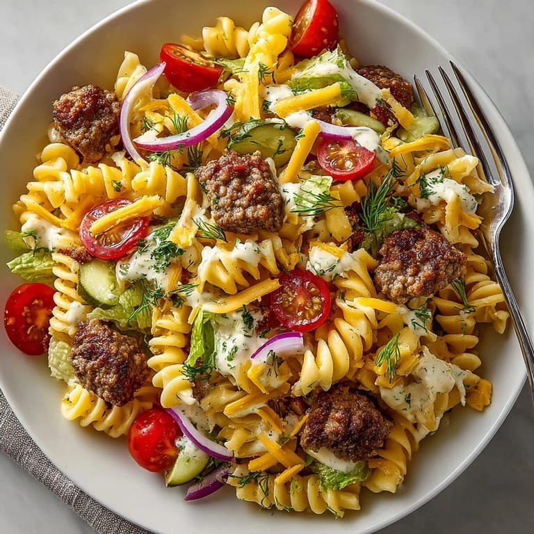 Tender pasta and crispy bacon star in this delicious Bacon Cheeseburger Pasta Salad, ready to eat.