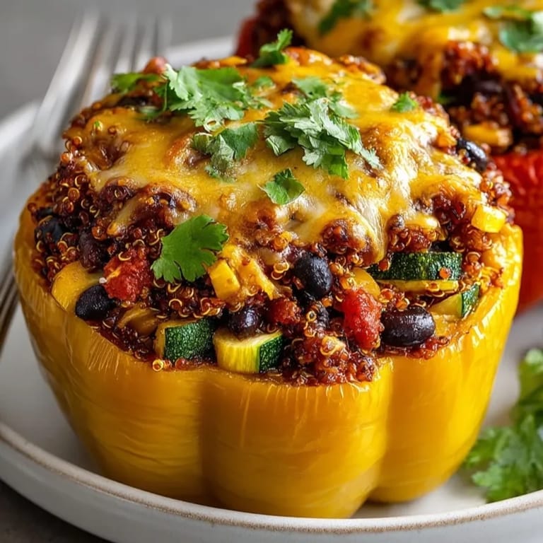 Vibrant bell peppers brimming with savory quinoa, black beans, and veggies for a hearty meal