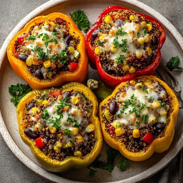 Oven-baked Protein-Rich Quinoa Stuffed Peppers garnished with fresh herbs and melty cheddar cheese