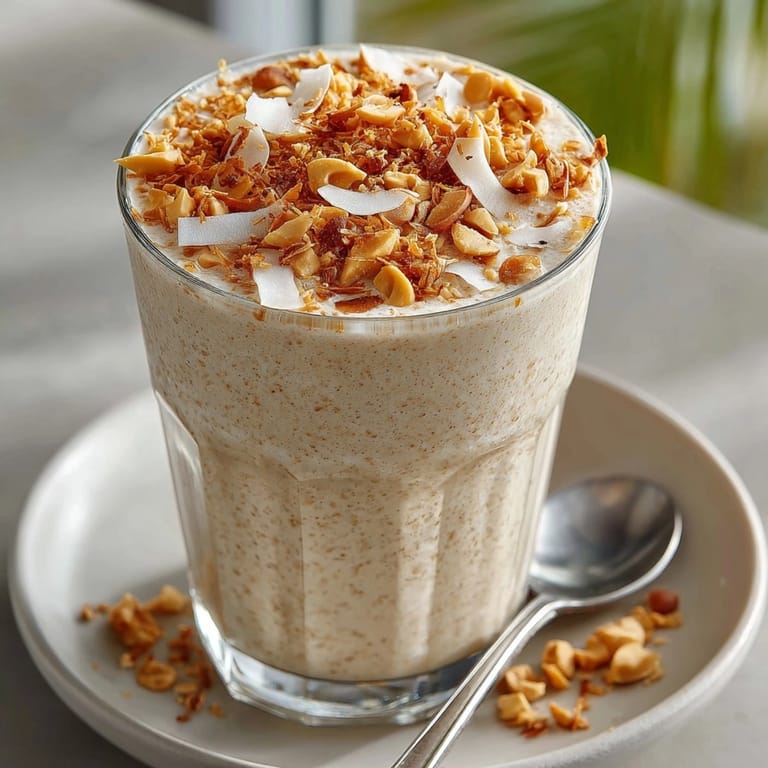Thai Coconut Peanut Butter Smoothie served chilled, highlighting its creamy texture and tropical aroma.