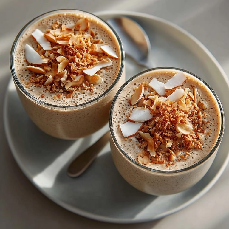 Close-up of Thai Coconut Peanut Butter Smoothie, garnished with crushed peanuts and fresh lime.