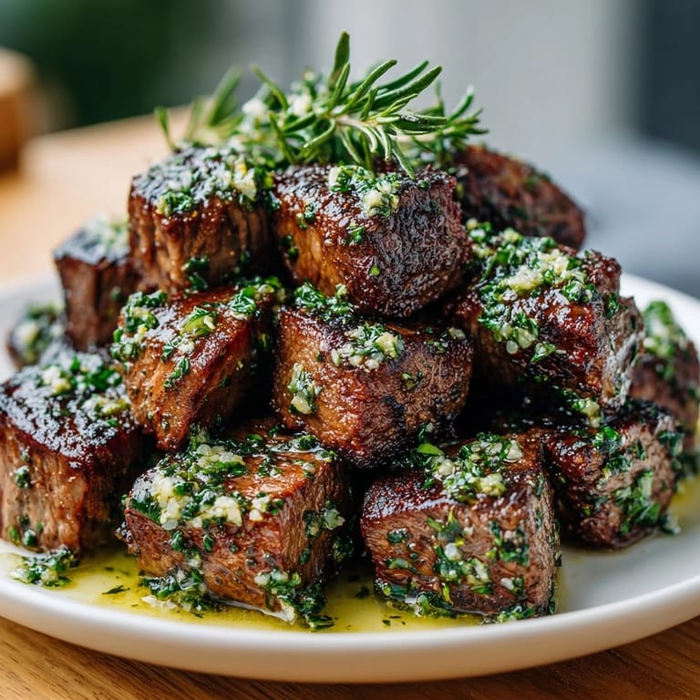 Tender Garlic Herb Butter Steak Bites served hot, juicy and golden brown, garnished with parsley