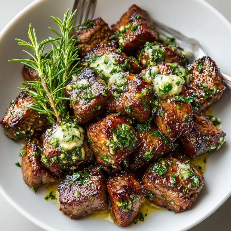 Seared Garlic Herb Butter Steak Bites on a plate, aromatic with garlic and rosemary, ready to enjoy