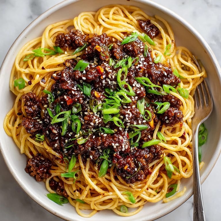 Bowl of Spicy Honey Garlic Beef Spaghetti garnished with fresh green onions, perfect for a hearty dinner.