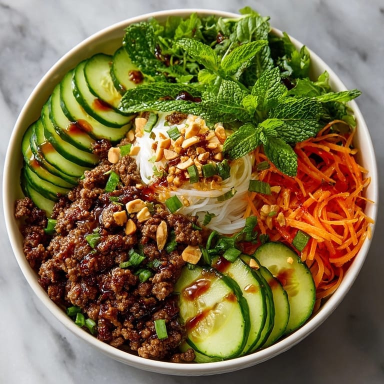 Close-up of Vietnamese-Inspired Lemongrass Beef Noodle Bowls brimming with tender beef and crisp toppings.