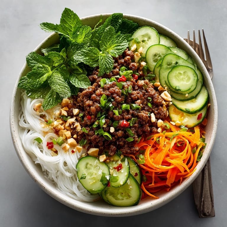 Vibrant Vietnamese-Inspired Lemongrass Beef Noodle Bowls served in white bowls, ready for a light summer meal.