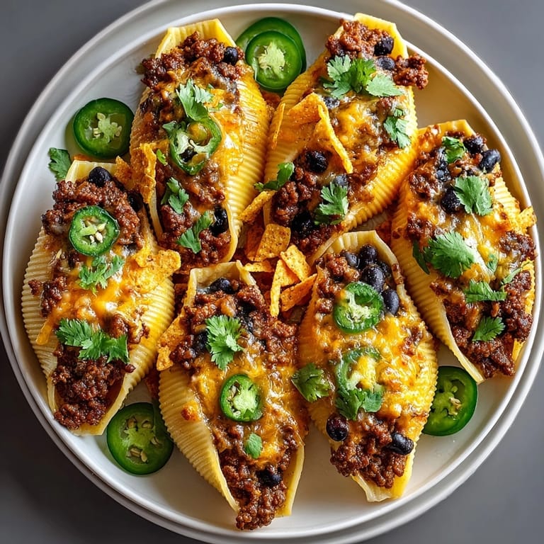 Tex-Mex Taco Stuffed Shells with Nacho Cheese Sauce served fresh from the oven, shells generously smothered and steaming.
