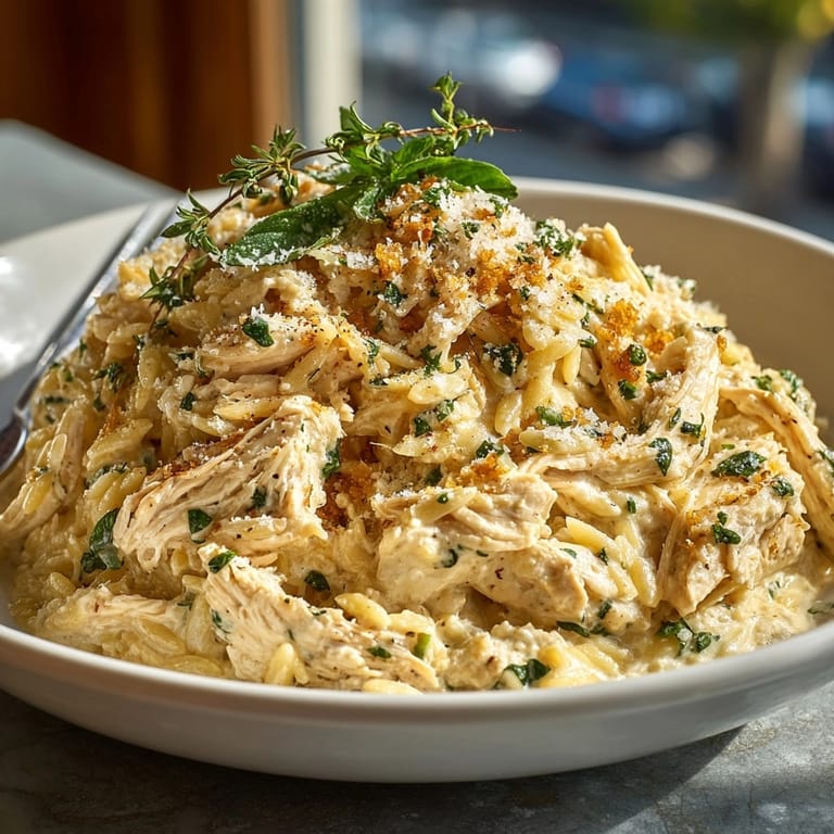 Closeup of creamy lemon herb chicken orzo topped with vibrant basil and thyme, ready to serve.