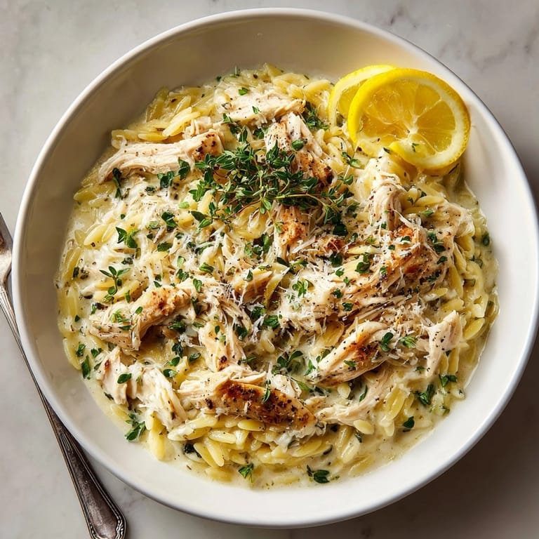 Lush spoonful of creamy lemon herb chicken orzo, steam rising from a bright, comforting dish.