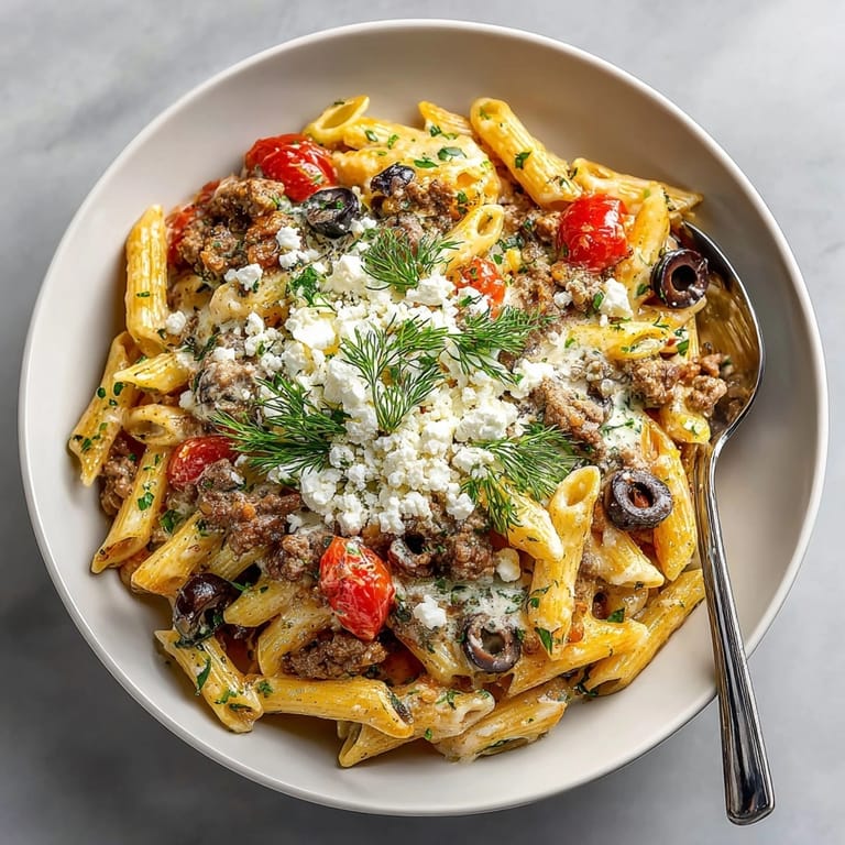 Steaming Greek gyro pasta bake in a casserole dish, rich with lamb, olives, and Mediterranean flavors.