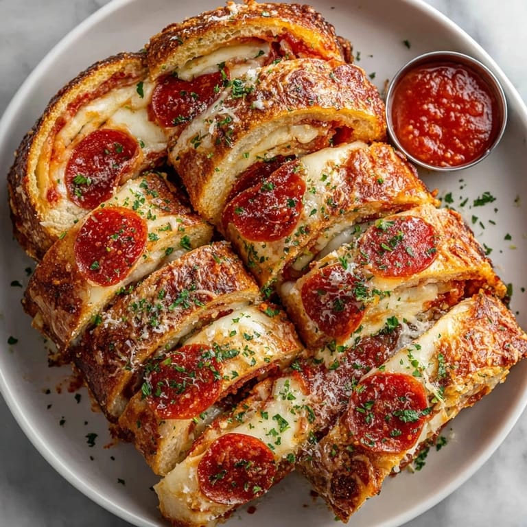 Close-up of Cheesy Pepperoni Stromboli showing crispy crust, melted mozzarella, and layers of savory pepperoni.