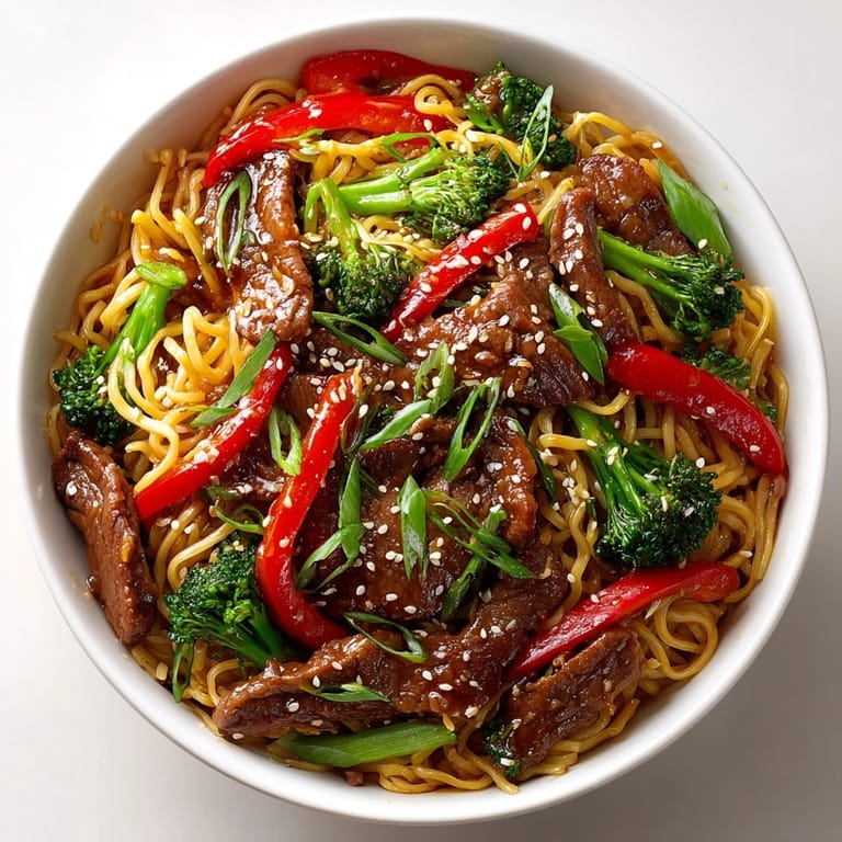 Steaming hot Sticky Beef Noodles garnished with sesame seeds, perfect for a quick dinner.