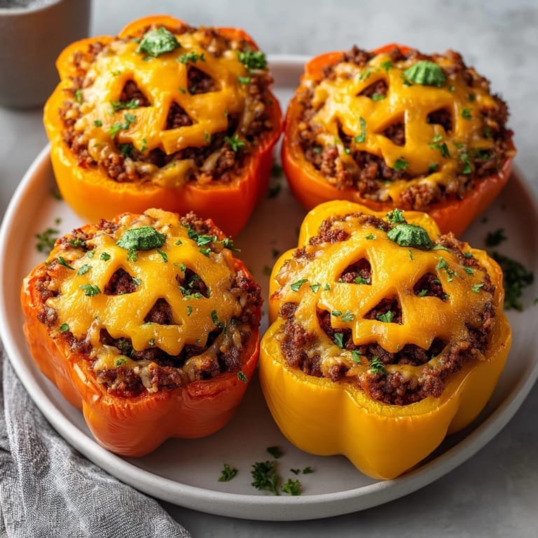 Homemade Jack-o'-Lantern Stuffed Bell Peppers: baked, tender, and a fun family meal.
