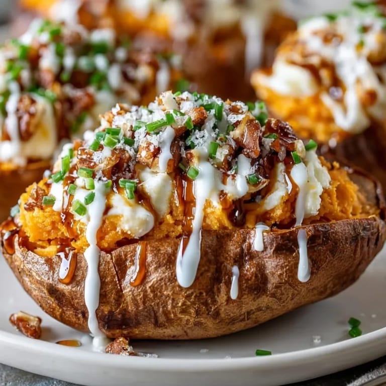 Savory-sweet Loaded Sweet Potato Skins: warm, soft sweet potato overflowing with cheesy pecan filling.