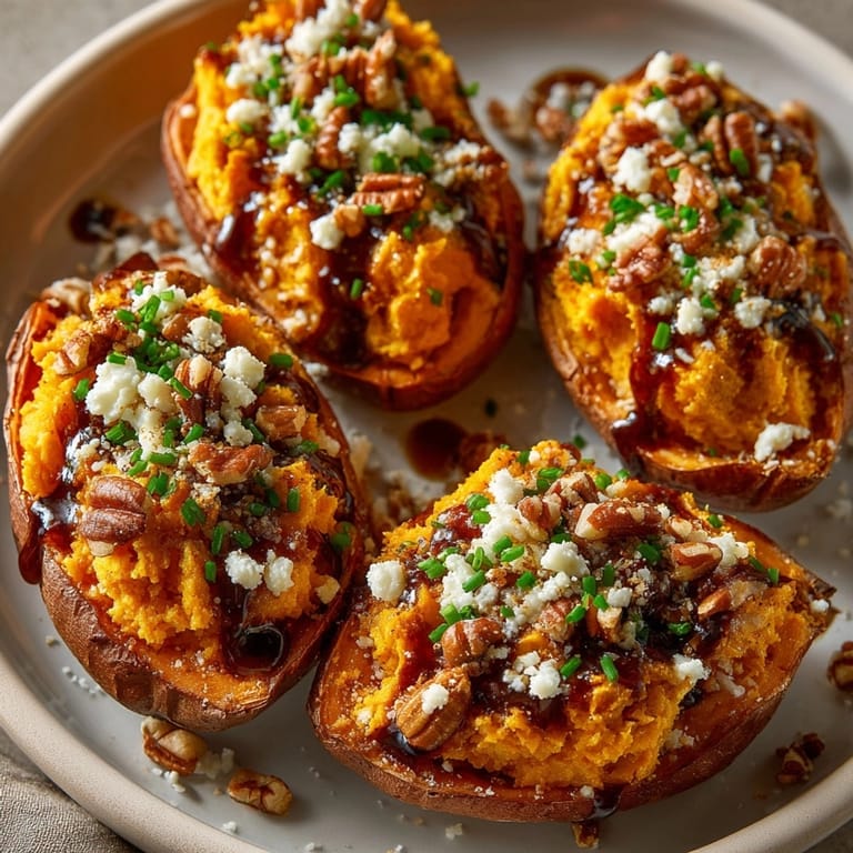 Close-up of a gooey Loaded Sweet Potato Skin with a toasted marshmallow topping presentation.