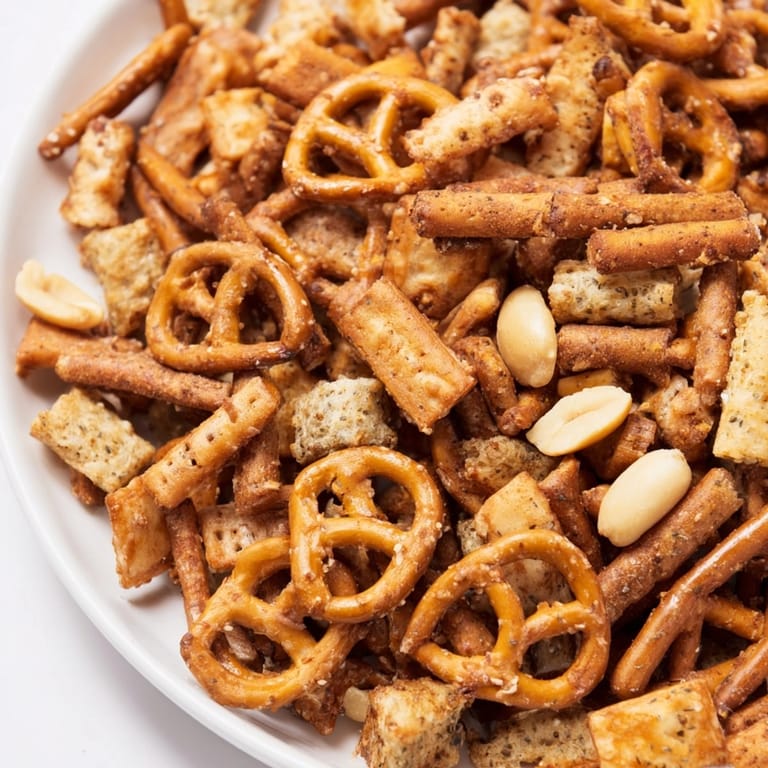 Bowl of freshly baked Everything Ranch Pretzel Mix, a flavorful homemade snack for sharing.