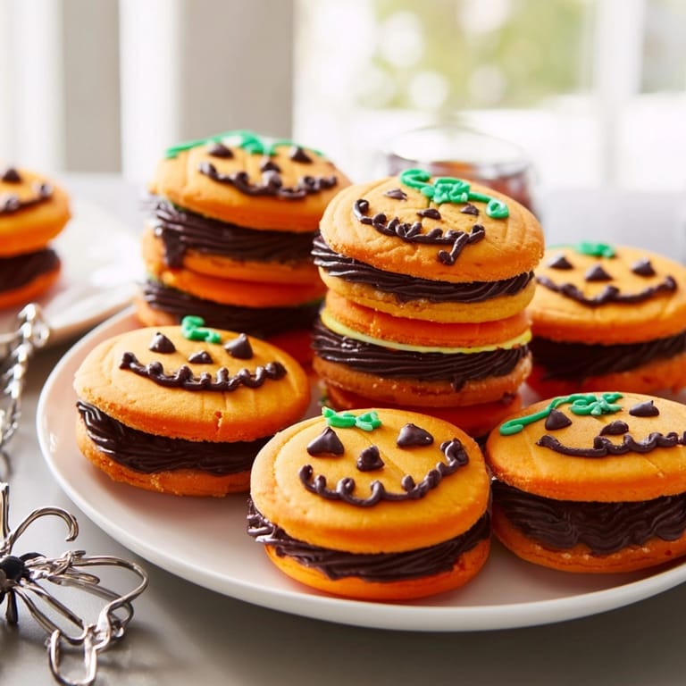 Warm, orange-tinted Chocolate Stuffed Jack-O'-Lantern Cookies, filled with creamy, rich ganache.