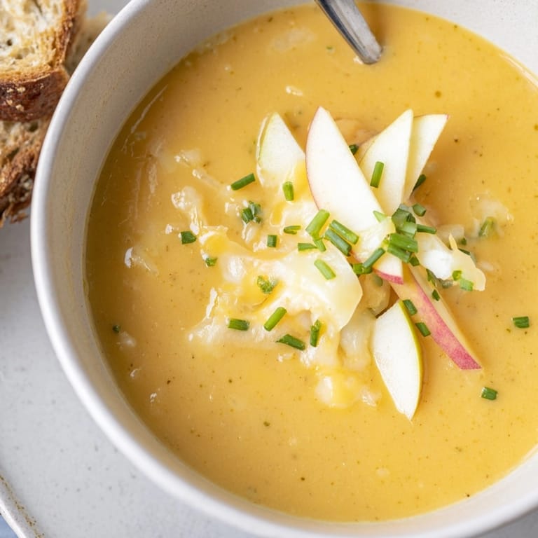 Close-up of steaming Brie and Cheddar Apple Beer Soup, featuring melted cheese swirls.