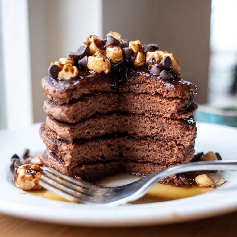 Enjoy homemade Protein Chocolate Cashew Pancakes, a quick and healthy breakfast recipe.