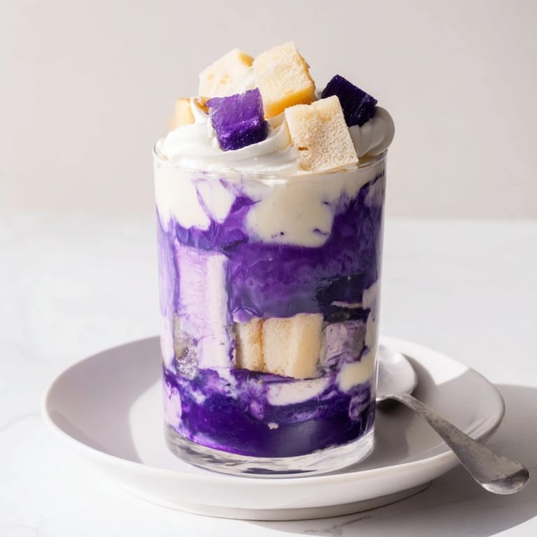 Delicious Ube Milk Jelly Trifles topped with whipped cream and fresh ube cubes.