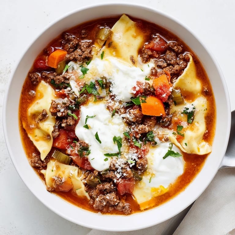 Flavorful gluten-free lasagne soup brimming with melted cheese and aromatic herbs.  