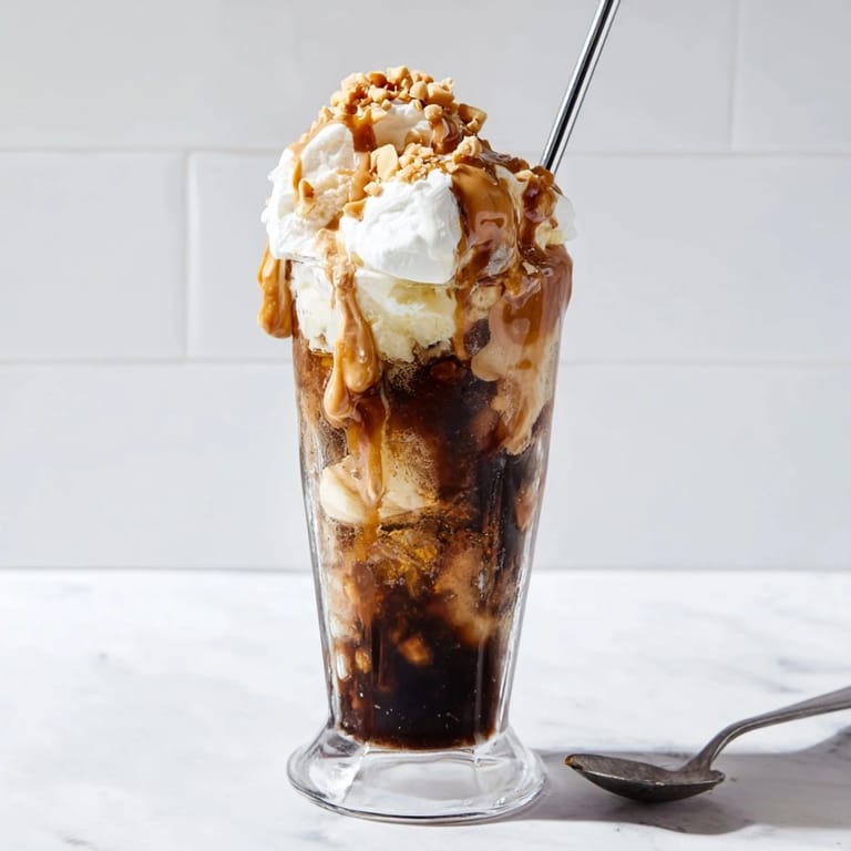 Decadent Peanut Butter Bourbon Soda Float, a rich dessert drink served in tall glasses.