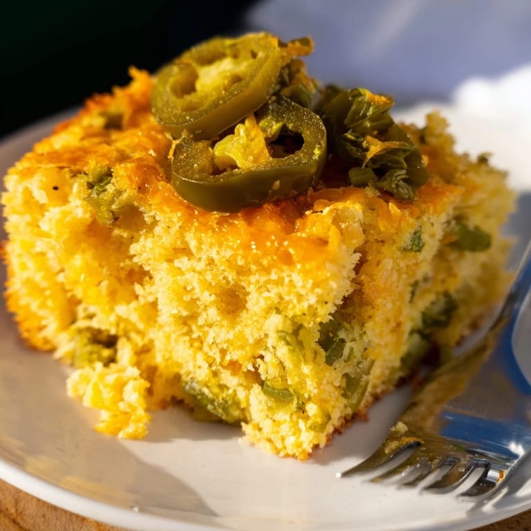 Moist and vibrant Southern Pickle Jalapeño Cornbread served warm with honey butter.  
