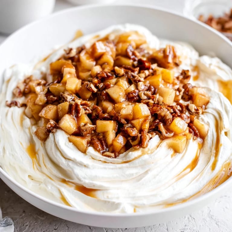 Delicious spiced apple praline whip dip layered with crunchy pecan topping.  