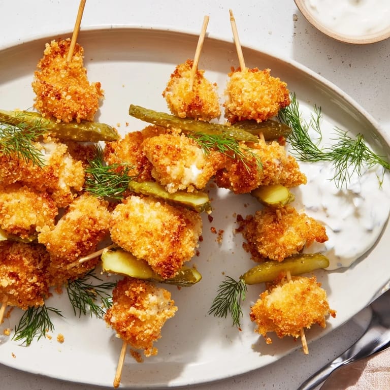 Savory Pickle Popcorn Chicken Skewers, perfect for parties and flavorful snacking delight.