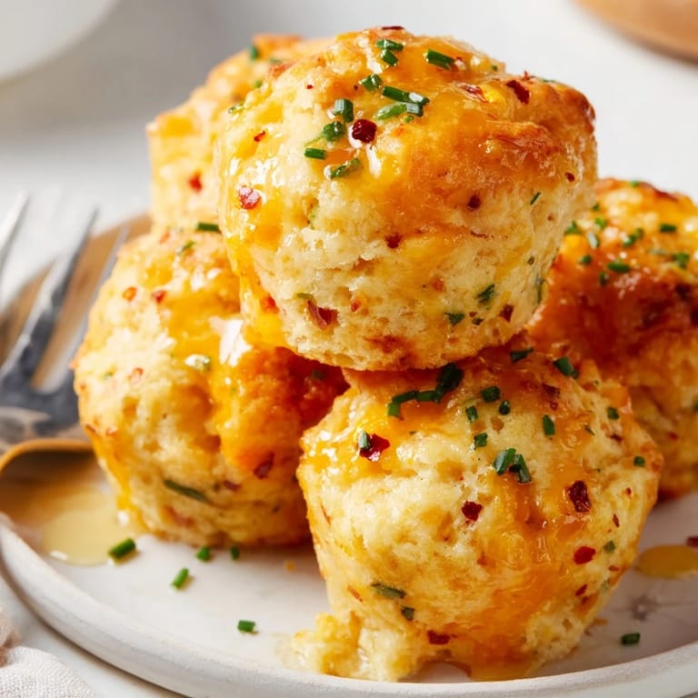 Warm Cheesy Jalapeño Chili Garlic Biscuit Muffin Balls topped with butter and chili flakes.