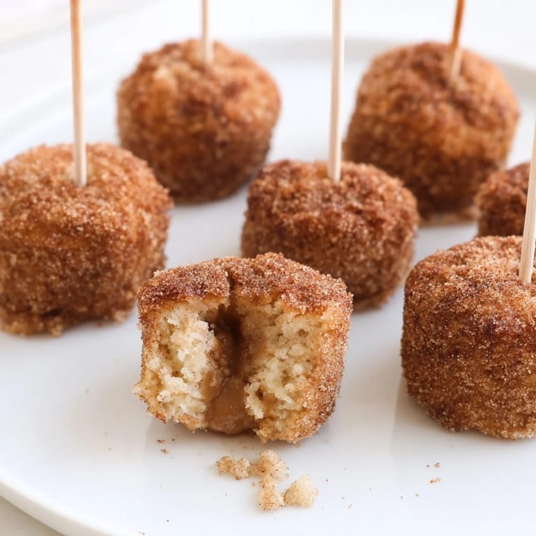 Deliciously spiced muffin pops with caramel centers, coated in cinnamon sugar delight.  