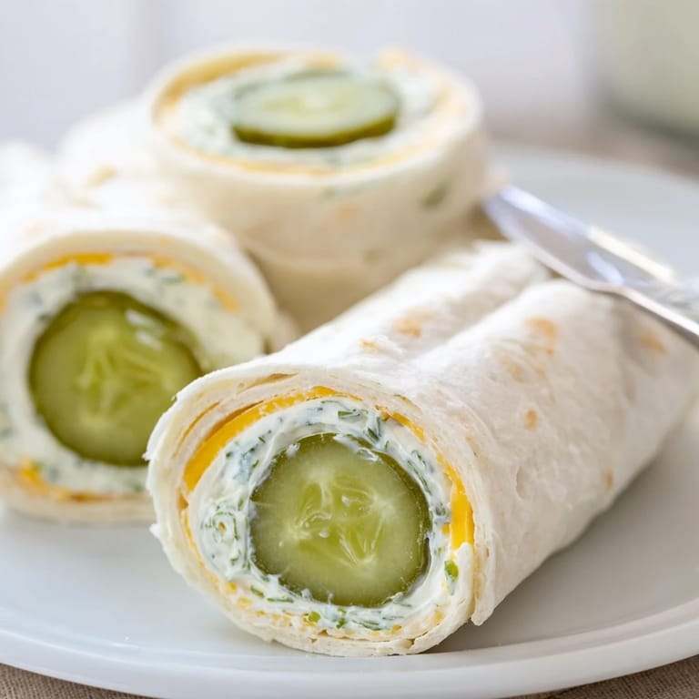 Savory Pickle-in-a-Blanket snacks feature fresh pickles and melted cheese in soft tortillas.