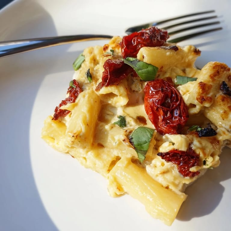Delightful baked feta pasta topped with fresh basil and vibrant cherry tomatoes.  