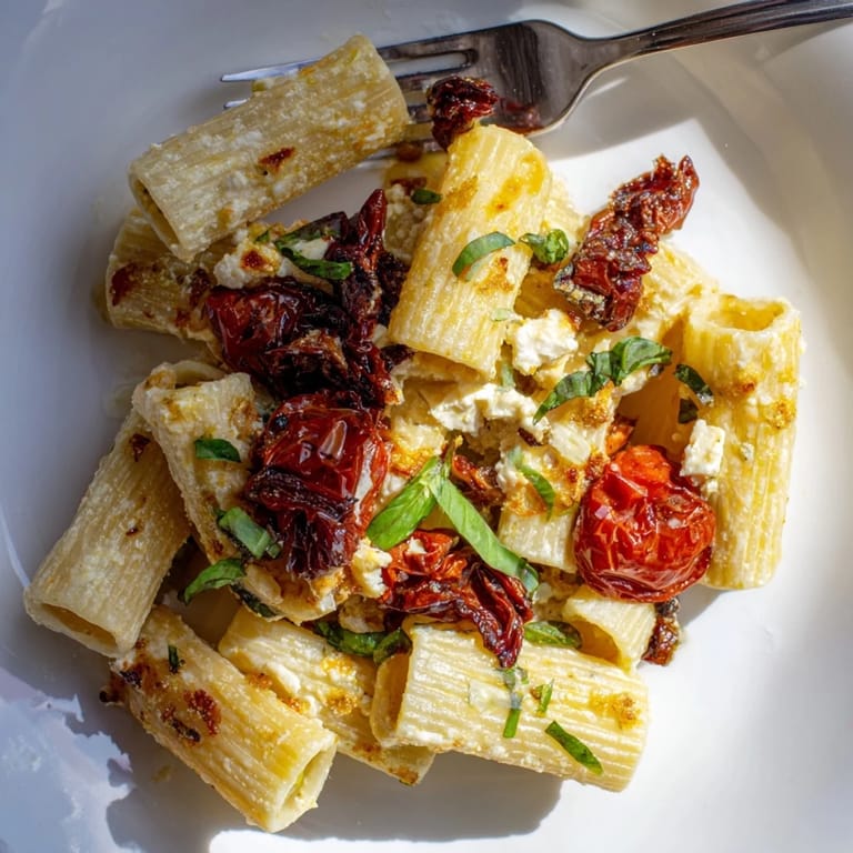 Hearty baked feta pasta dish, showcasing golden feta and richly caramelized onions.