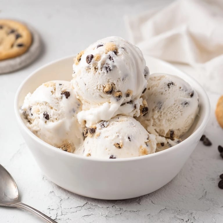 Guilt-free cottage cheese ice cream topped with delicious edible cookie dough chunks.