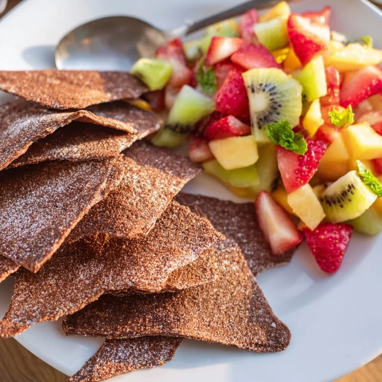 Sweet chocolate chips paired with refreshing fruit salsa, perfect for summer gatherings.