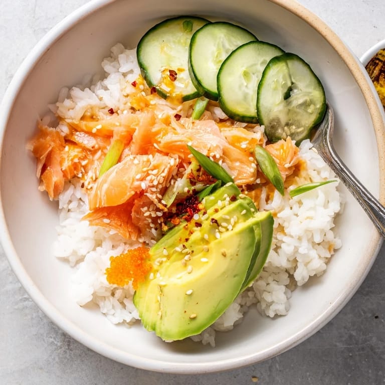 Savory leftover salmon and rice bowl, garnished with pickled ginger and cucumber slices.