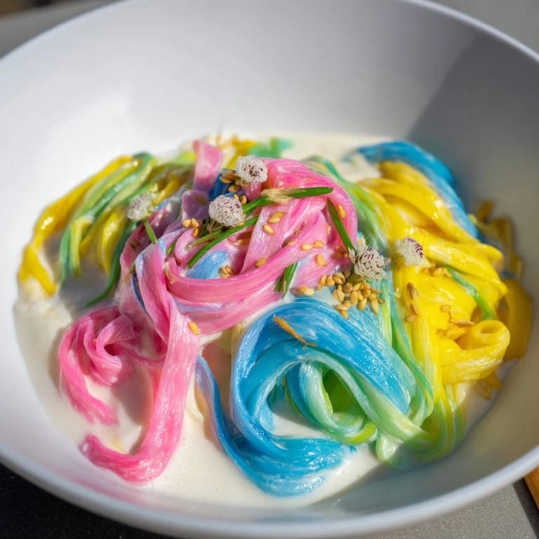 Whimsical Neon Noodle Cloud showcasing bright colors in a creamy, dreamy sauce.  