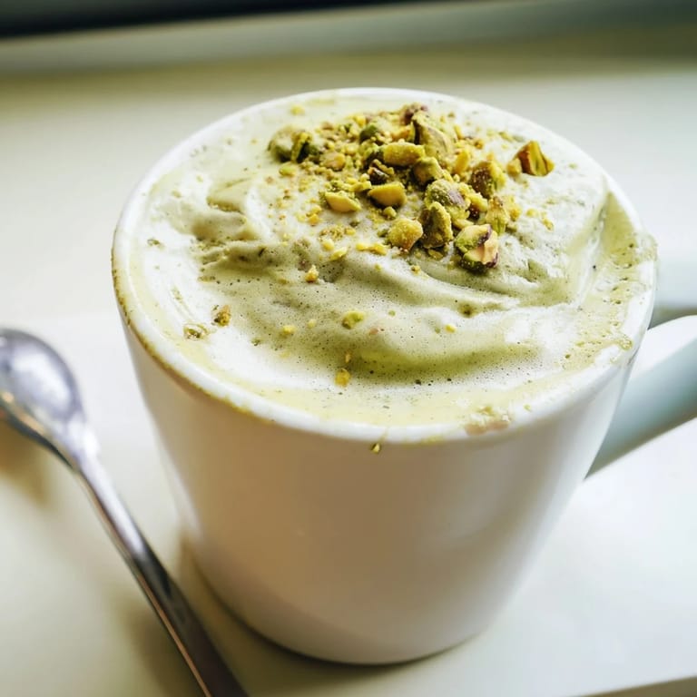 Homemade pistachio milk latte garnished with crushed pistachios for a nutty flavor.