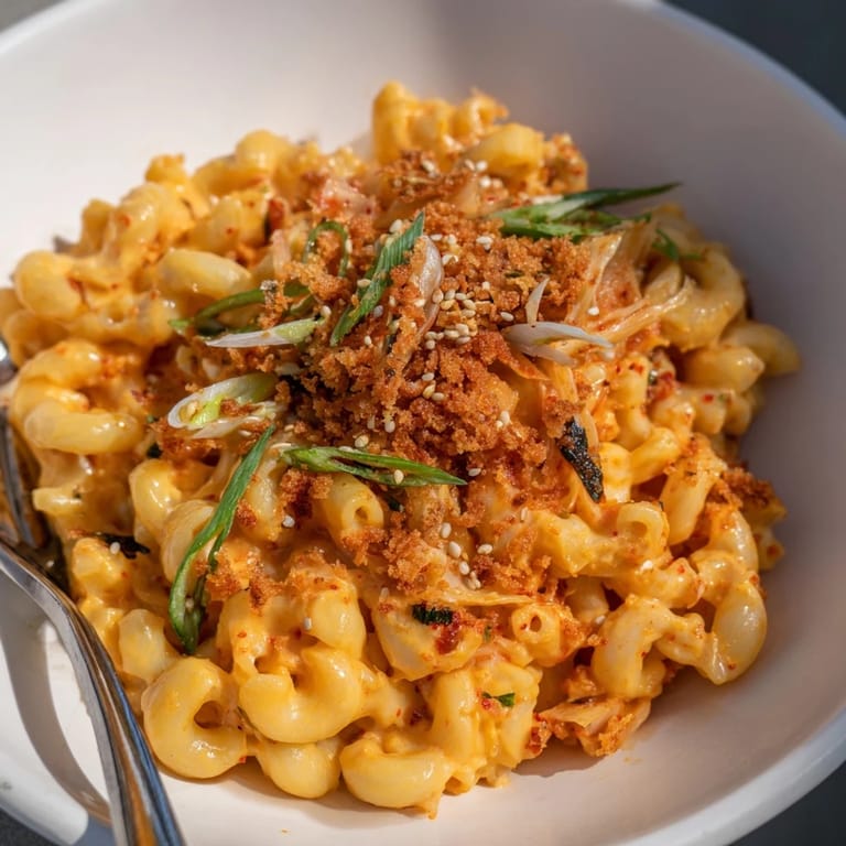 Indulge in Spicy Kimchi Mac & Cheese, a fusion dish with vibrant colors.  