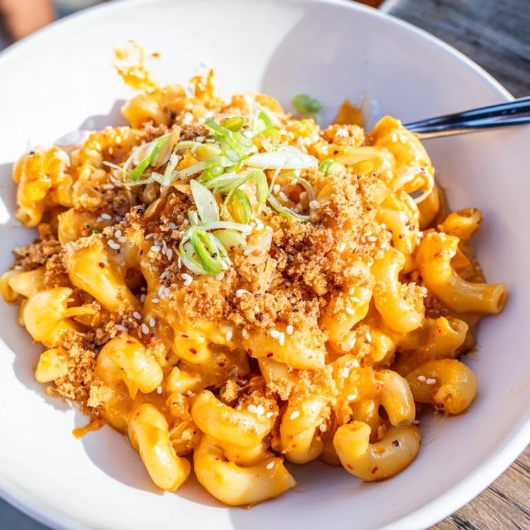 Baked Spicy Kimchi Mac & Cheese dish, combining creamy cheese and tangy kimchi.