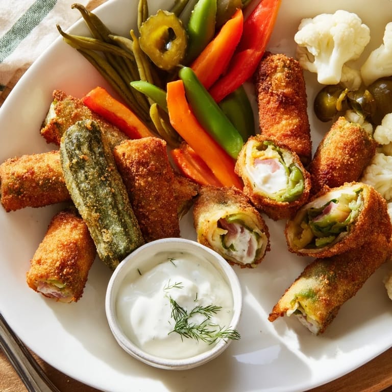 A colorful platter of fried pickles and pickled-wrapped bites for Pickle Lovers Meal.