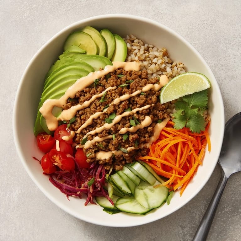 Colorful plant-based meat bowl bursting with flavor and nutritious toppings like avocado.  