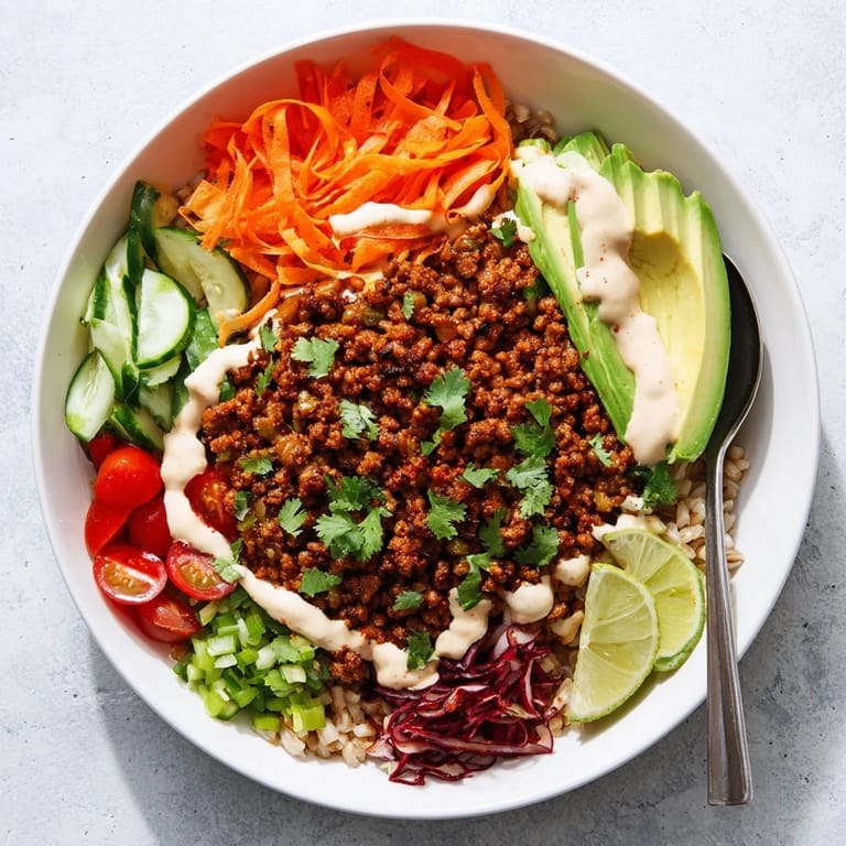 Savory plant-based meat bowl served with lime wedges and vibrant vegetables for a wholesome meal.